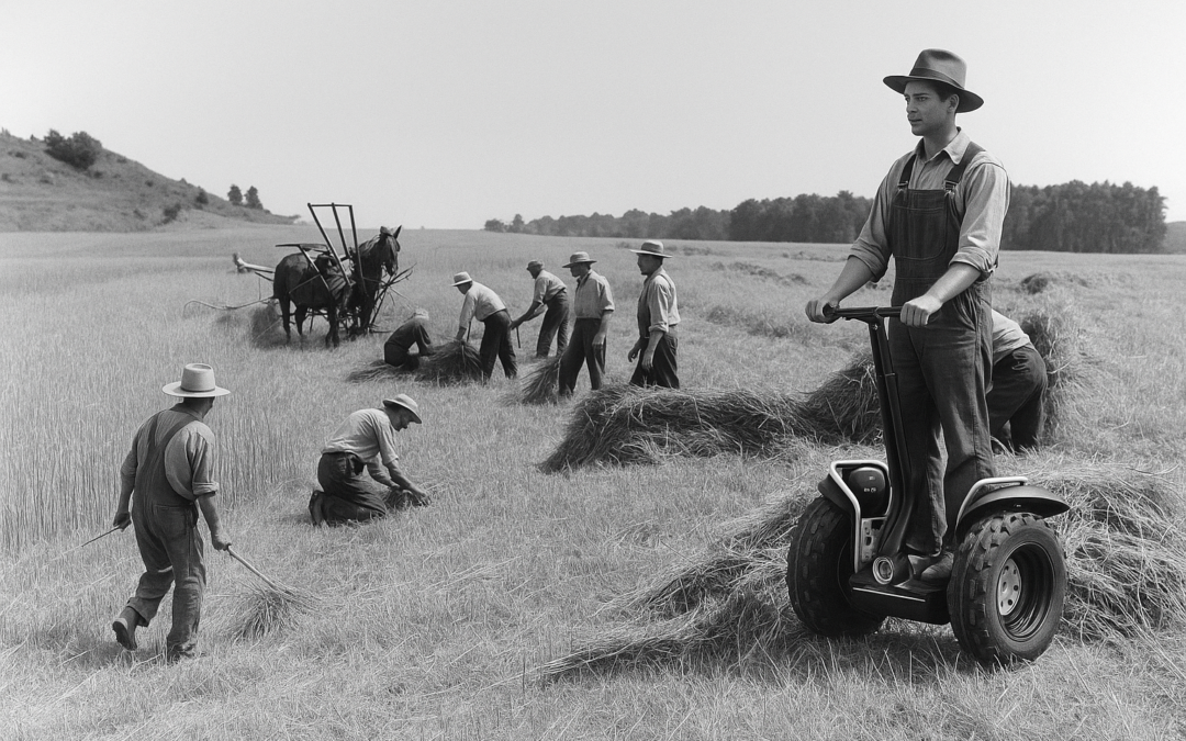 Agriculture traditionnelle dans les Bardenas Reales lors de la moisson avec travailleurs agricoles et segway dans le paysage