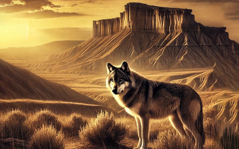 lobo en desierto de bardenas en navarra (españa)